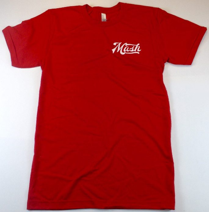 Red T-shirt with Mash Motor Company Logo on the front in white