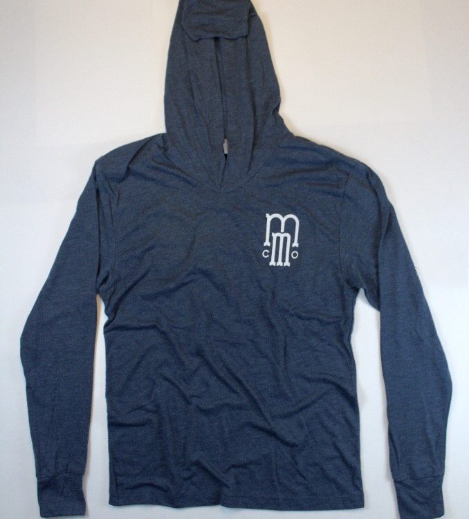 Blue hooded sweatshirt with Mash Motor Company logo in white lettering